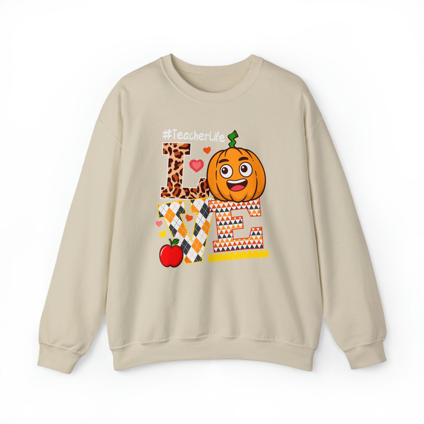 Fall Teacher Sweatshirt, Love and Learning with Pumpkin Charm, Cozy Educator Apparel, Teacher Gift Unisex Heavy Blend™ Crewneck Sweatshirt