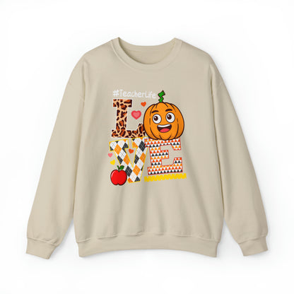 Fall Teacher Sweatshirt, Love and Learning with Pumpkin Charm, Cozy Educator Apparel, Teacher Gift Unisex Heavy Blend™ Crewneck Sweatshirt