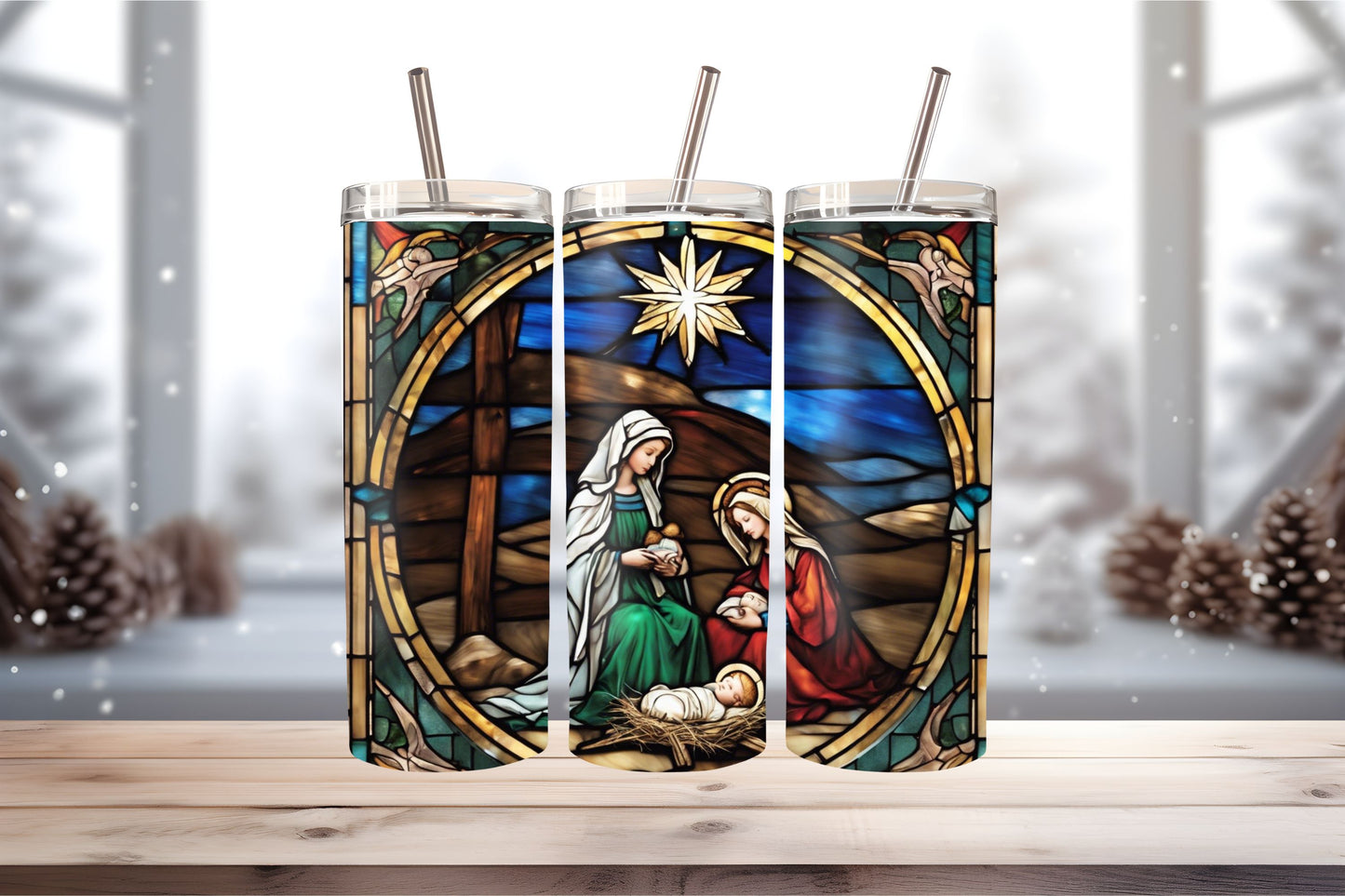 Nativity Tumbler- Christmas Tumbler-Holiday Tumblers-20 oz Stainless Steel Hogg Tumbler – Stained Glass Nativity Scene | Insulated Christmas Travel Mug