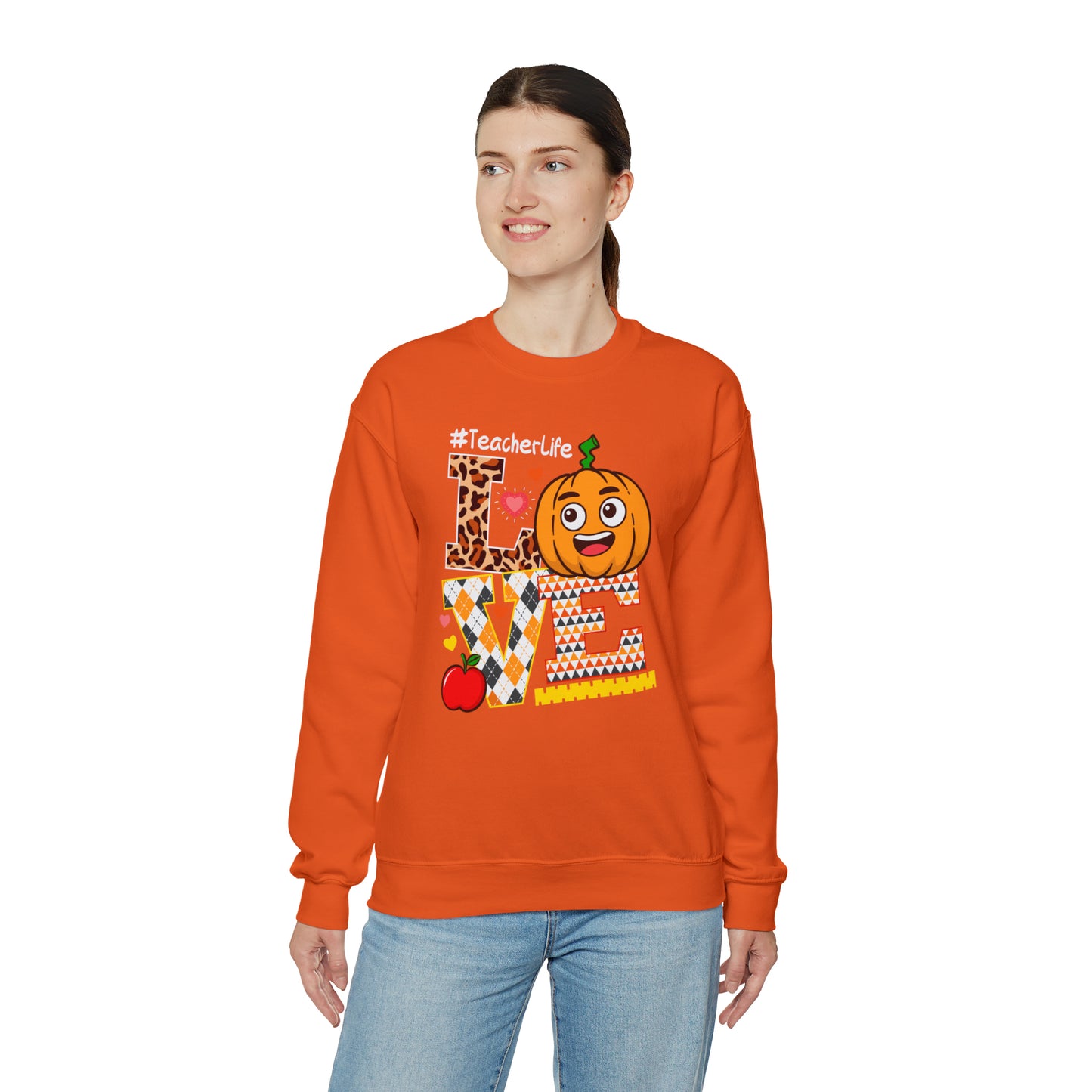 Fall Teacher Sweatshirt, Love and Learning with Pumpkin Charm, Cozy Educator Apparel, Teacher Gift Unisex Heavy Blend™ Crewneck Sweatshirt