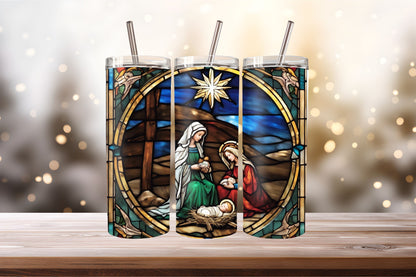 Nativity Tumbler- Christmas Tumbler-Holiday Tumblers-20 oz Stainless Steel Hogg Tumbler – Stained Glass Nativity Scene | Insulated Christmas Travel Mug