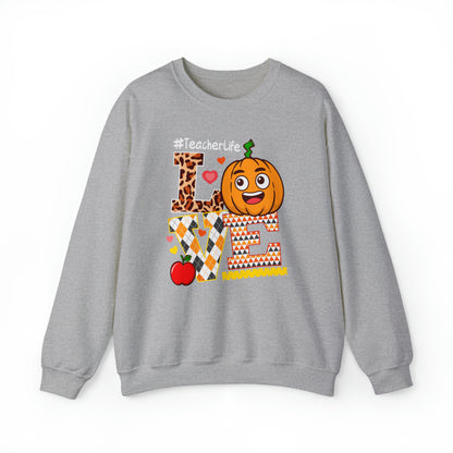 Fall Teacher Sweatshirt, Love and Learning with Pumpkin Charm, Cozy Educator Apparel, Teacher Gift Unisex Heavy Blend™ Crewneck Sweatshirt