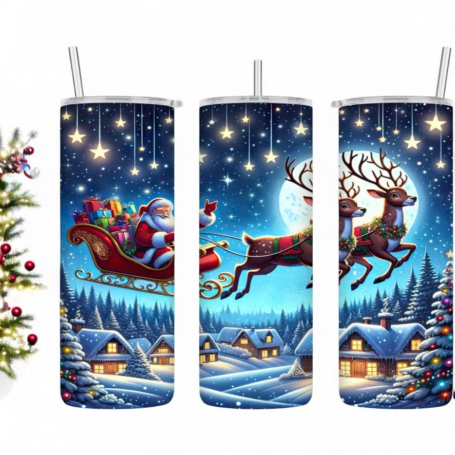 20 oz Hogg Tumbler – Santa’s Sleigh Flying Christmas Scene | Sublimated Insulated Travel Mug