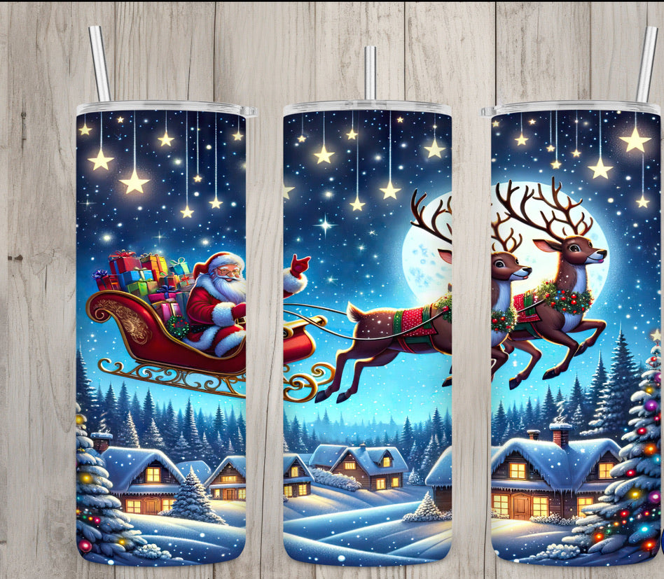 20 oz Hogg Tumbler – Santa’s Sleigh Flying Christmas Scene | Sublimated Insulated Travel Mug