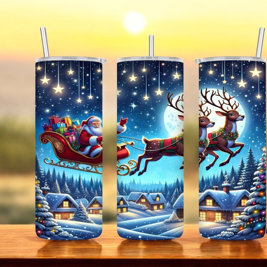 20 oz Hogg Tumbler – Santa’s Sleigh Flying Christmas Scene | Sublimated Insulated Travel Mug