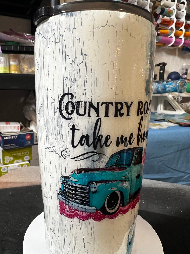 20 oz Crackled Antique Tumbler - "Country Roads, Take Me Home" Truck Graphic