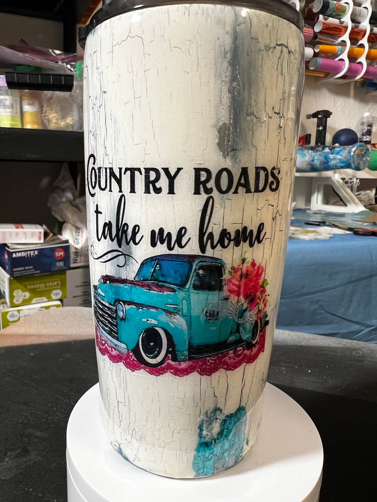 20 oz Crackled Antique Tumbler - "Country Roads, Take Me Home" Truck Graphic