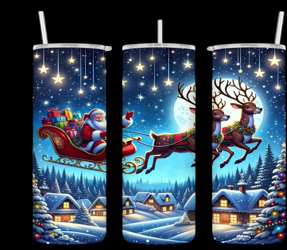 20 oz Hogg Tumbler – Santa’s Sleigh Flying Christmas Scene | Sublimated Insulated Travel Mug